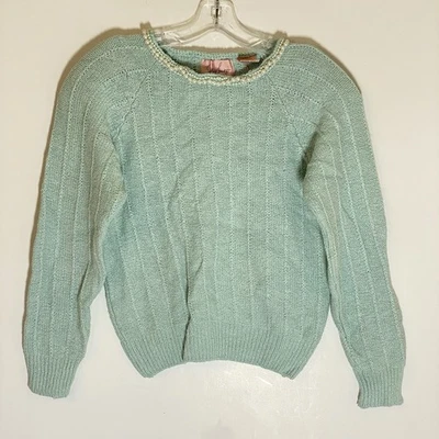 Suéter Vintage Jaclyn Smith Mujer Pequeño Antiguo Azul Corea Mezcla Seda Perla Foto 1 de 4