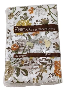 VTG JCPenney Percale Cotton Pillowcase SET Autumn Leaf Floral Orange Green Brown - Picture 1 of 4