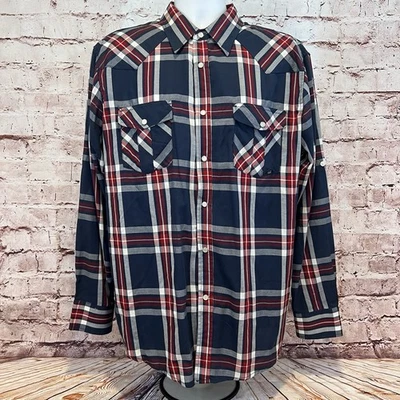 Coastal Men’s Red White And Blue Plaid Snap Pearl Roll Tab Western Shirt Size XL - Image 1 of 4