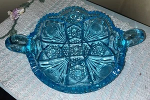 Vintage Rare Viking Blue Saw Tooth Edge Pressed Glass Candy Relish 2 Handle Dish - Picture 1 of 14