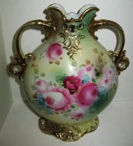 Unmarked Hand Painted Nippon 2 Handled Pedestal Vase w Roses and 22k Gold Trim - Picture 1 of 21