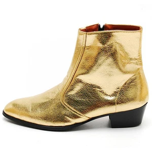 Botas al tobillo para hombre doradas brillantes interiores cuero con cremallera hechas a mano tacones cubanos de 1,77 - Imagen 1 de 6