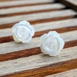 925 Sterling Silver Post White Mother of Pearl 12MM Rose Flower Stud Earrings 