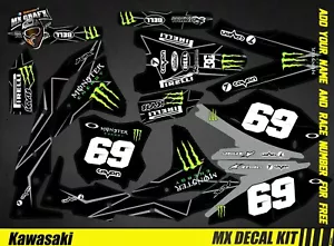 Kit Déco Moto pour / Mx Decal Kit for Kawasaki KXF - Monster Black - Foto 1 di 1