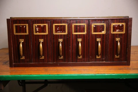 Antique Card Catalog Library file cabinet industrial metal drawer brass pulls Cover