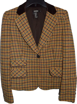 Blazer DKNY Mujer Talla 8 Tonos Marrón con Mezcla de Lana Azul Chaqueta de 1 Botón Usado en Excelente Condición Foto 1 de 4