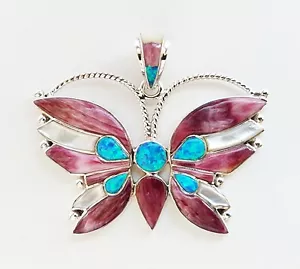 CHARMING GENUINE PURPLE SPINY OPAL INLAY .925 STERLING SILVER BUTTERFLY PENDANT - Picture 1 of 3