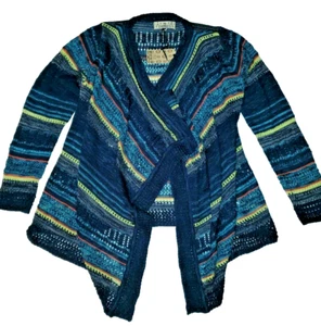 NWT Pink Republic Lacey Knit Blue Tapestry Striped Wrap Sweater Shawl Wrap L 14 - Picture 1 of 5