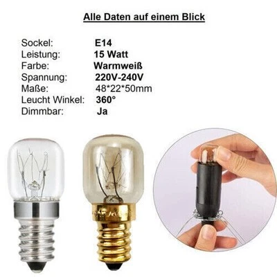 2x E14 15W Backofenlampe Glühbirne Lampe Herd Birne hitzebeständig Öfen Warmweiß - Bild 1 von 4