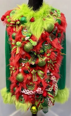 Handmade Upcycled, Grinch inspired colors Faux Fur Ugly Christmas Sweater Large - Image 1 of 4