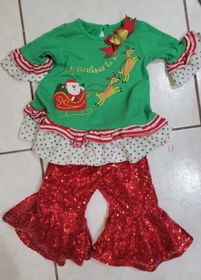 Camicia e pantaloni scintillanti Babbo Natale bambina taglia 9-12 mesi svasati manica lunga - Immagine 1 di 4