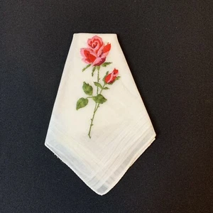 Vtg White Hankie Pocket Scarf Embroidered Pink Roses Lady Heritage Switzerland - Picture 1 of 6