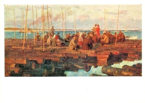 F.Glebov 1958 Socialist Realism Russian postcard PEOPLE REST ON WOODEN RAFTS - Picture 1 of 2