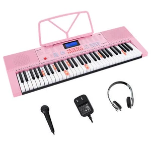 Electric 61-Key Portable Piano Digital Keyboard w/Lighted Key Music Stand Pink - Picture 1 of 8
