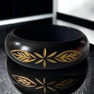 Bracciale Bracciale Legno Grosso Tribale Boho Oro Nero Vintage - Foto 1 di 9