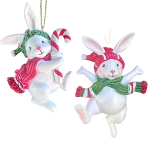 Kurt Adler Snow White Rabbit Christmas Ornament Set 2 Resin Hat Scarf 3 Inch - Picture 1 of 12