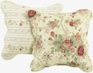ANTIQUE ROSE 2pc PILLOW SET 18x18 : CHIC COUNTRY COTTAGE YELLOW SHABBY RED ROSES - Picture 1 of 2