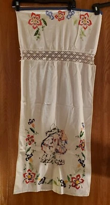 Vintage Embroidered Linen 18.59" x 41" End Table Topper dresser scarf large hank - Image 1 of 4