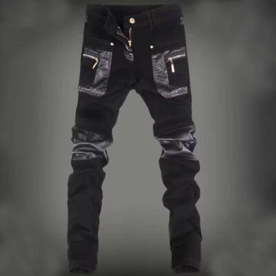 Pantalones ajustados ajustados ajustados de cuero sintético punk rock para motocicleta para hombre con cremallera pantalones informales Foto 1 de 2
