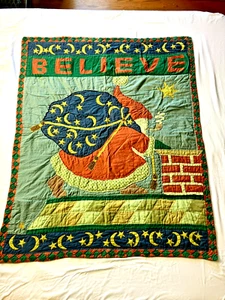 Lovely Vintage Hand Stitched BELIEVE Santa Claus Chimney Christmas Throw Quilt - Picture 1 of 7