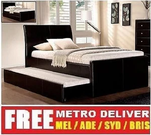 LECCA KING SINGLE SIZE W TRUNDLE BED BLACK WHITE BROWN PU LEATHER BED FRAME - Picture 1 of 5