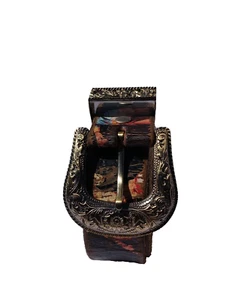 Cowboy Decor VTG Graphic Size 38 Black Leather Western Belt with Antique Buckle - Picture 1 of 20
