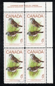 1969 Canada SC# 496 UR White Throated Sparrow Plate Block M-NH Lot # 2203 - Picture 1 of 2