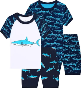 Little Boys Shark Pajamas Toddler Summer Children Cotton Pjs Kids 4 Pieces Cloth - Picture 1 of 12
