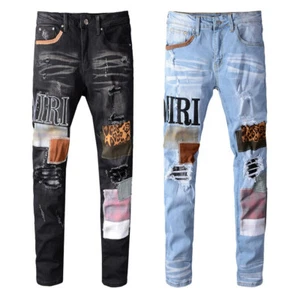 Jeans uomo pop strappati leopardato grunge patchwork skinny fit blu nuovo A614-5 - Foto 1 di 23