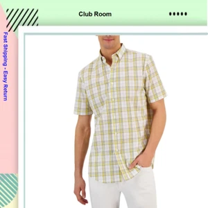 Club Room Men's Short Sleeve Button Down Printed Shirt, Yellow, M - Picture 1 of 1