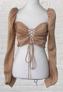 O. Vianca Blush Pink Cropped Lace Up Smocked Going Out Top Shirt Sz S Clubwear - Picture 1 of 13