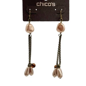 Chico's Dangle Drop Earrings Bronze Chain Faux Pearl Accents - Picture 1 of 4