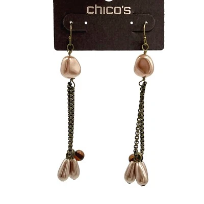 Chico's Dangle Drop Earrings Bronze Chain Faux Pearl Accents - Image 1 of 4