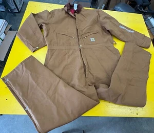 CARHARTT COVERALLS 54 tall X01 BRN Zip Red Quilt Lined Insulated Overalls WORK - Picture 1 of 13