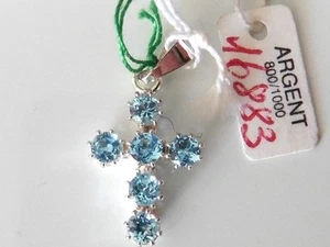 TOLLES CHRISTLICHES KREUZ SILBER BESETZT BLAUTOPAS VINTAGE 70 NEU 2,4 X1 CM - Bild 1 von 4