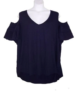 Roaman's 4X 34/36 Ruffle Sleeve Top With Cold Shoulder Detail Hi Low Hem-Navy - Picture 1 of 14