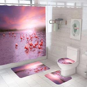 Rosa Flamingos Puesta de Sol Playa Cortina de Ducha Bañera Alfombra Wc Cubierta - Imagen 1 de 14
