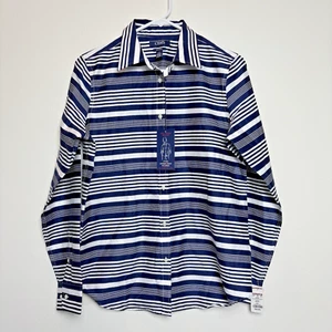 NWT Chaps No Iron Womens Sz M Navy White Stripe Button Up Shirt Preppy Coastal - Picture 1 of 9
