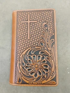 Nocona Western Leather Bible Cover Cross Tan Nacona Belt Co. Hand Tooled 7.5×5" - Picture 1 of 4