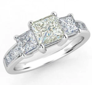 2.55 Ct Three stone Princess Near White Moissanite Diamond .925 Silver Ring - Picture 1 of 6