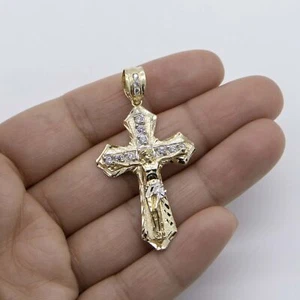 2" Diamond-Cut Jesus Crucifix Cross Pendant Real 10K Yellow White Gold - Picture 1 of 6
