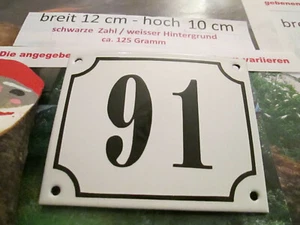 Numero civico smaltato n. 91 numero nero su sfondo bianco 12 cm x 10 cm - Foto 1 di 12