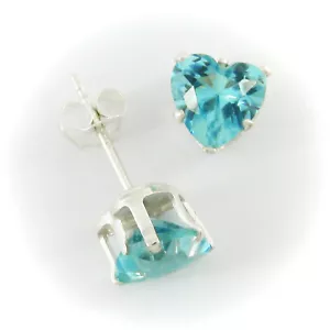 6mm HEART CZ Aqua Blue Post Earrings in SOLID '925' Sterling Silver - NEW! - Picture 1 of 6