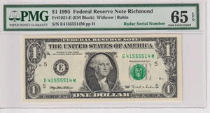 **RADAR** Fr 1921-E 1995 $1 FRN E41555514M PMG 65EPQ RICHMOND GREEN FANCY - Picture 1 of 2