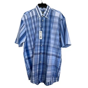 Hickey Freeman Men’s Sz M Short Sleeve Blue Plaid Shirt NWT - Picture 1 of 9