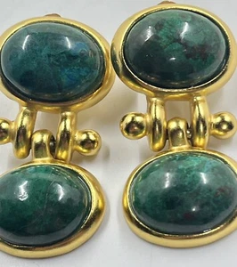 CCORI Vintage Aztec Peru Dark Green Moss Agate Goldtone Dangle Clip Earrings A48 - Foto 1 di 8