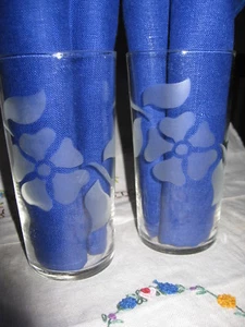 Pair Vintage FEDERAL GLASS ETCHED Frosted TUMBLER Water Glass FLOWER DOGWOOD VGC - Picture 1 of 10