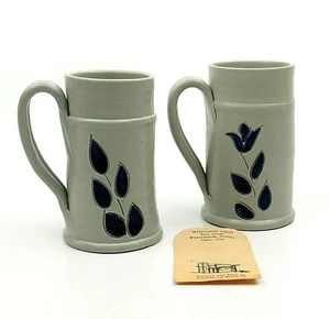 Vintage Williamsburg Pottery Salt Glaze Beer Coffee Mug Cobalt Floral Leaf - Picture 1 of 9