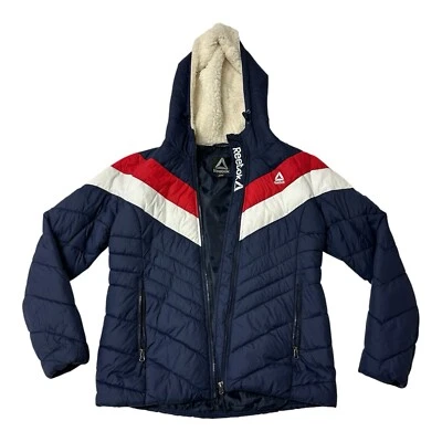 Винтажный стиль REEBOK пуховик куртка с шерпа капюшон красный/белый/синий карман на молнии - Изображение 1 из 4