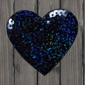 Black Sequin Heart Embroidered Patch — Iron On - Picture 1 of 1